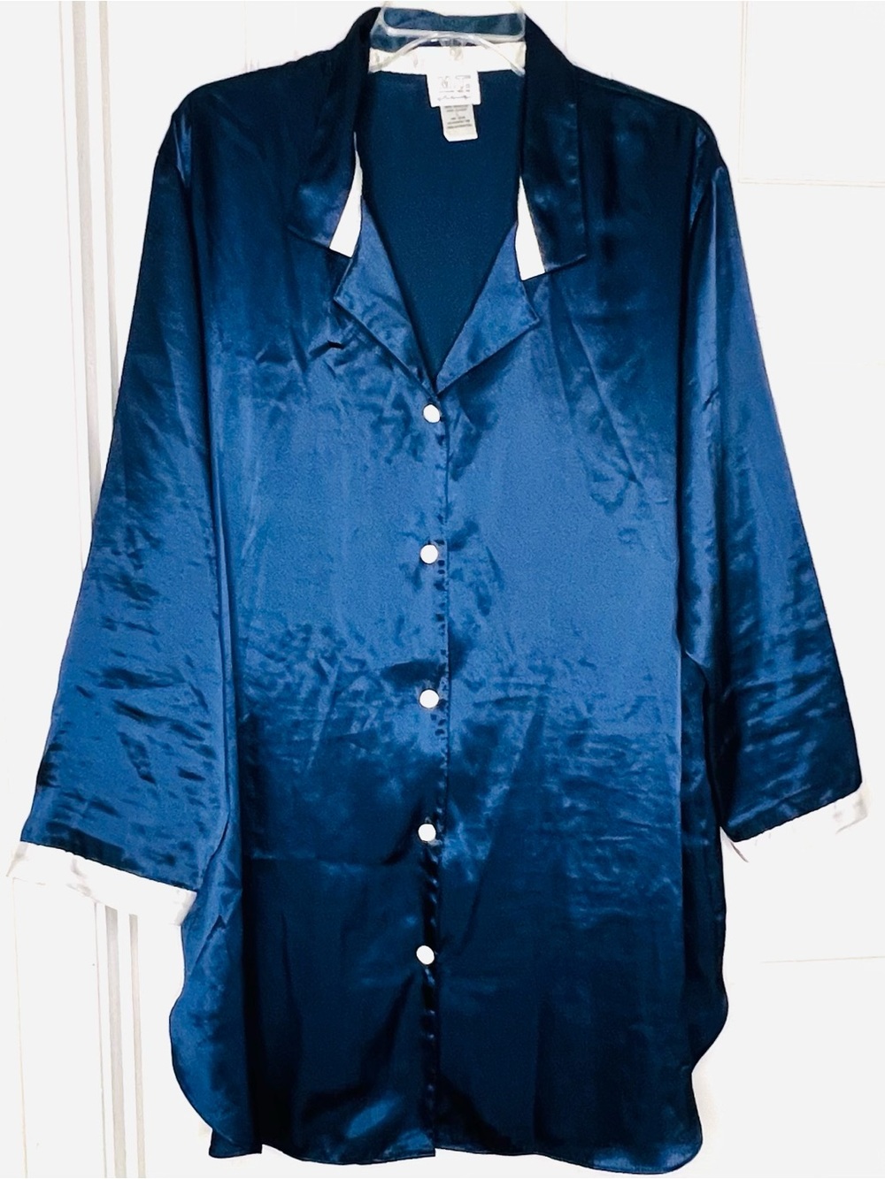 Morgan Taylor Sz L Silky Navy Satin Button-Front Sleep Shirt Women’s